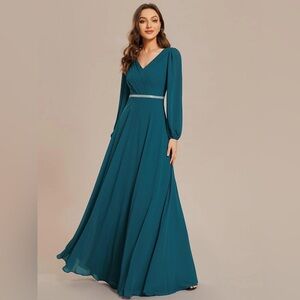Teal Pleated Double V-Neck Long Sleeve Chiffon Dress